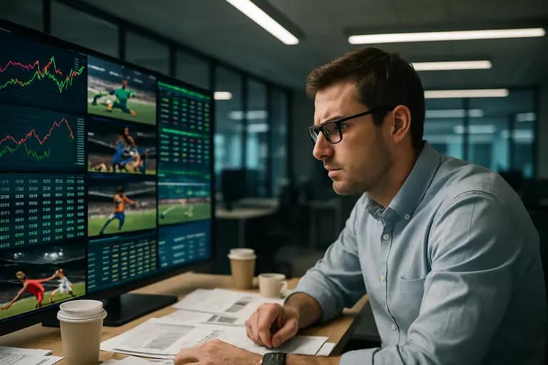 Analyst reviewing betting activity charts and compliance documents on a desk