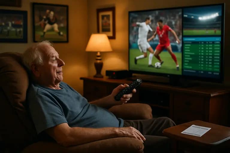 Sports fan studying betting notes while watching a favorite team play