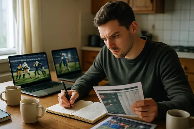 Bettor writing a checklist before reviewing sports prices on a laptop