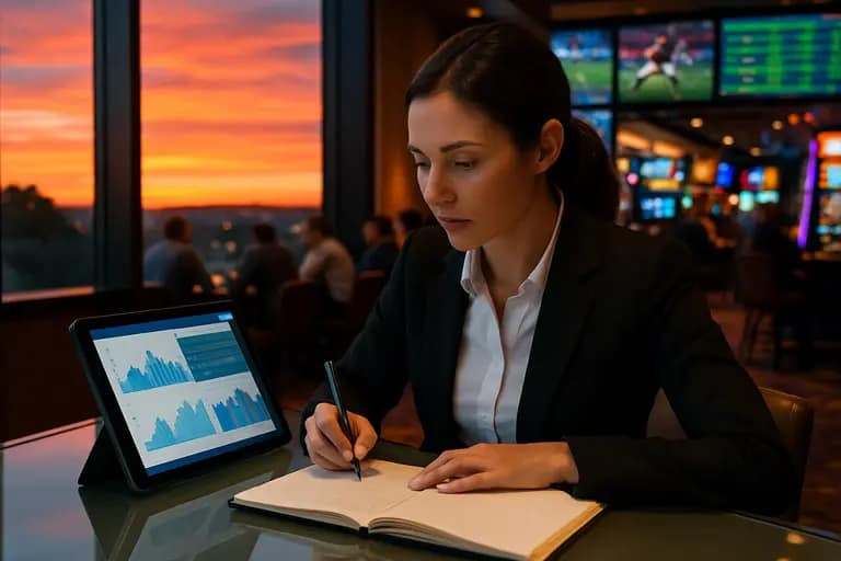 Person reviewing a betting record with charts and a calculator