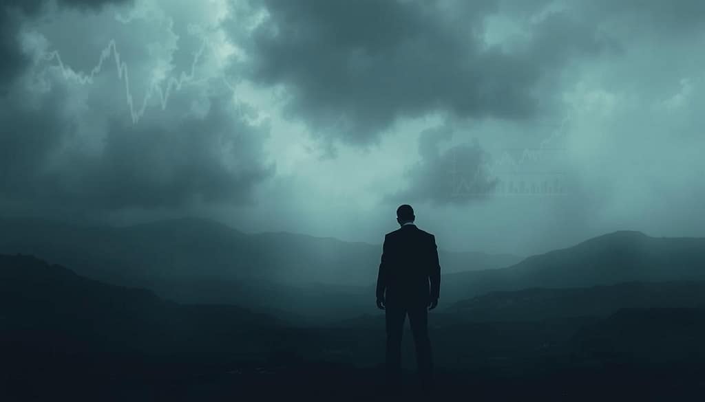 A bleak and uncertain landscape, with financial charts and graphs casting ominous shadows. In the foreground, a lone figure stands, head bowed, contemplating the limitations of the Kelly Criterion, a mathematical model for optimal bankroll allocation. The background is hazy, as if obscured by the weight of risk and uncertainty. Dramatic lighting from above emphasizes the gravity of the situation, while a sense of unease permeates the scene. The image conveys the challenges and pitfalls of relying solely on a theoretical approach, hinting at the unpredictable nature of markets and the need for a more nuanced understanding of wealth optimization. A bleak and uncertain landscape, with financial charts and graphs casting ominous shadows. In the foreground, a lone figure stands, head bowed, contemplating the limitations of the Kelly Criterion, a mathematical model for optimal bankroll allocation. The background is hazy, as if obscured by the weight of risk and uncertainty. Dramatic lighting from above emphasizes the gravity of the situation, while a sense of unease permeates the scene. The image conveys the challenges and pitfalls of relying solely on a theoretical approach, hinting at the unpredictable nature of markets and the need for a more nuanced understanding of wealth optimization.