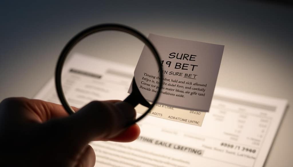 A blurred, out-of-focus background depicting a betting slip or sports wager, with a magnifying glass hovering over it, highlighting the fine print and limitations. In the foreground, a hand grasps the slip, conveying a sense of caution and scrutiny. The lighting is soft and diffused, creating a contemplative atmosphere. The overall composition suggests the idea of "sure bets" having hidden caveats and constraints, alluding to the risks and limitations inherent in such financial activities. A blurred, out-of-focus background depicting a betting slip or sports wager, with a magnifying glass hovering over it, highlighting the fine print and limitations. In the foreground, a hand grasps the slip, conveying a sense of caution and scrutiny. The lighting is soft and diffused, creating a contemplative atmosphere. The overall composition suggests the idea of "sure bets" having hidden caveats and constraints, alluding to the risks and limitations inherent in such financial activities.
