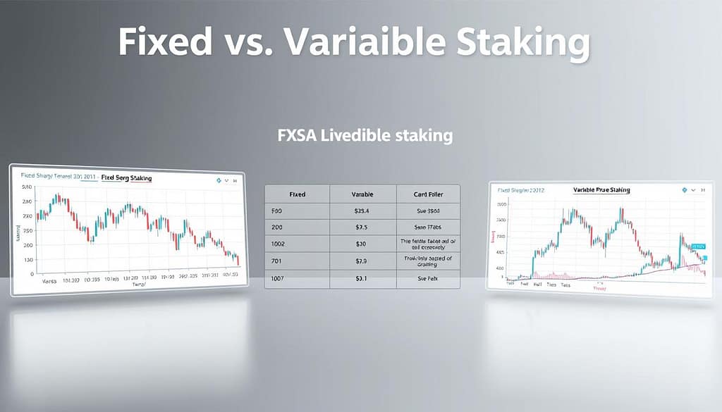 A detailed comparison of fixed and variable staking strategies, displayed on a clean, minimalist interface. In the foreground, two financial charts present the visual data, with crisp lines and a balanced color palette. The middle ground features a simplified tabular format, highlighting the key differences between the two approaches. The background is a subtle, professional gradient, lending an air of authority and expertise. Lighting is soft and even, emphasizing the clarity of the information. The overall tone is one of informed, data-driven decision-making, perfect for illustrating the "Fixed vs Variable Staking" section of the article. A detailed comparison of fixed and variable staking strategies, displayed on a clean, minimalist interface. In the foreground, two financial charts present the visual data, with crisp lines and a balanced color palette. The middle ground features a simplified tabular format, highlighting the key differences between the two approaches. The background is a subtle, professional gradient, lending an air of authority and expertise. Lighting is soft and even, emphasizing the clarity of the information. The overall tone is one of informed, data-driven decision-making, perfect for illustrating the "Fixed vs Variable Staking" section of the article.