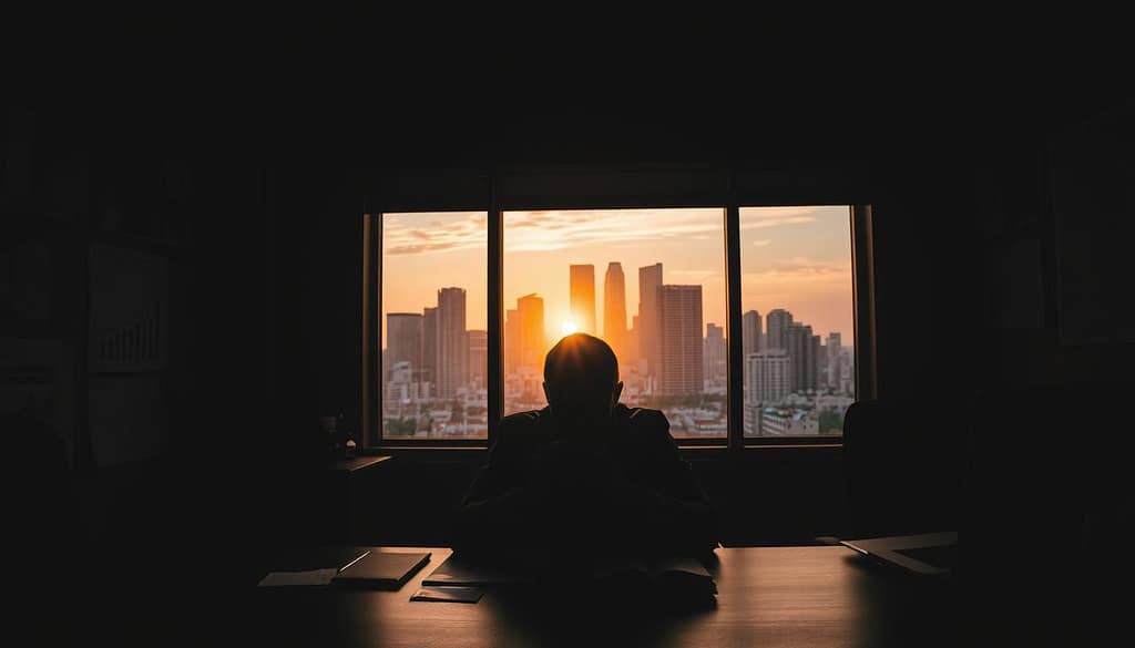 A dim, shadowy office setting, the walls adorned with financial charts and graphs. In the foreground, a lone figure sitting at a desk, brow furrowed in contemplation, hands clasped around a stack of cash. Behind them, a large window overlooking a bustling city skyline, the setting sun casting an amber glow. Surrounding the desk, abstract shapes and symbols representing different financial risks and strategies. A palpable sense of tension and uncertainty fills the air, as the figure must weigh the pros and cons of cashing out. Dramatic chiaroscuro lighting creates deep shadows and highlights, heightening the atmosphere of a high-stakes decision. A dim, shadowy office setting, the walls adorned with financial charts and graphs. In the foreground, a lone figure sitting at a desk, brow furrowed in contemplation, hands clasped around a stack of cash. Behind them, a large window overlooking a bustling city skyline, the setting sun casting an amber glow. Surrounding the desk, abstract shapes and symbols representing different financial risks and strategies. A palpable sense of tension and uncertainty fills the air, as the figure must weigh the pros and cons of cashing out. Dramatic chiaroscuro lighting creates deep shadows and highlights, heightening the atmosphere of a high-stakes decision.