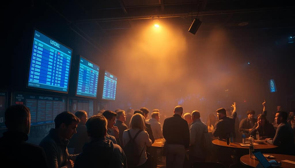 A dimly lit betting parlor with a large digital display showcasing odds and statistics. In the foreground, a group of punters intently studying the screens, their faces illuminated by the blue glow. In the middle ground, bettors huddled around a table, animatedly discussing their wagers. The background features a hazy atmosphere, with the faint sounds of sports commentary and the occasional cheer from the crowd. The lighting is warm and moody, casting long shadows and creating a sense of intensity and anticipation. The scene conveys the idea of public biases and herd mentality influencing betting decisions. A dimly lit betting parlor with a large digital display showcasing odds and statistics. In the foreground, a group of punters intently studying the screens, their faces illuminated by the blue glow. In the middle ground, bettors huddled around a table, animatedly discussing their wagers. The background features a hazy atmosphere, with the faint sounds of sports commentary and the occasional cheer from the crowd. The lighting is warm and moody, casting long shadows and creating a sense of intensity and anticipation. The scene conveys the idea of public biases and herd mentality influencing betting decisions.