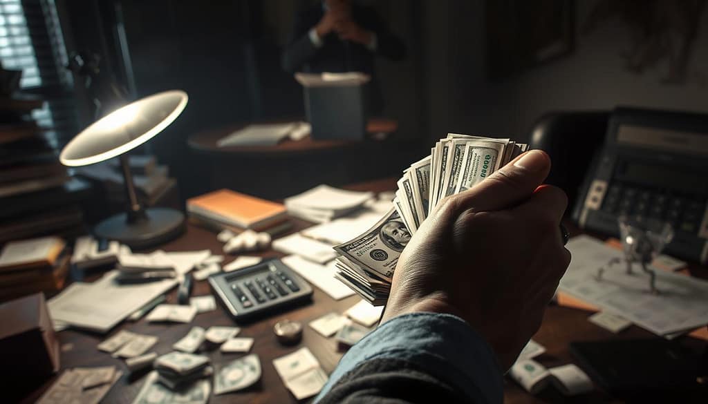A dimly lit office desk, cluttered with scattered bills, crumpled papers, and an old-fashioned calculator. In the foreground, a hand grasps a stack of cash, while a shadowy figure in the background lurks, tempting the viewer with the allure of easy money. The lighting casts ominous shadows, creating a sense of unease and the looming risk of financial ruin. The scene is rendered in a gritty, realistic style, emphasizing the serious nature of the subject matter and the consequences of poor money management in the world of betting. A dimly lit office desk, cluttered with scattered bills, crumpled papers, and an old-fashioned calculator. In the foreground, a hand grasps a stack of cash, while a shadowy figure in the background lurks, tempting the viewer with the allure of easy money. The lighting casts ominous shadows, creating a sense of unease and the looming risk of financial ruin. The scene is rendered in a gritty, realistic style, emphasizing the serious nature of the subject matter and the consequences of poor money management in the world of betting.