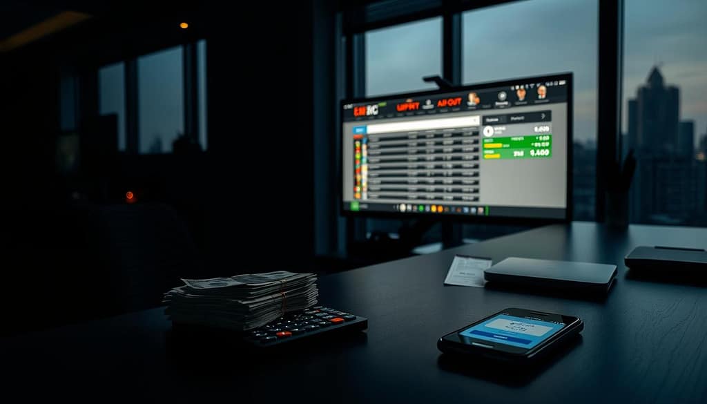 A dimly lit office space, with a sleek, modern desk and a large computer screen displaying a live betting platform. On the desk, a stack of cash, a calculator, and a smartphone showcasing a cash-out option. The lighting casts dramatic shadows, creating a sense of intensity and strategic decision-making. In the background, a cityscape visible through the window, suggesting the high-stakes world of sports betting. The overall atmosphere conveys the tension and potential rewards of optimizing cash-out strategies in live betting. A dimly lit office space, with a sleek, modern desk and a large computer screen displaying a live betting platform. On the desk, a stack of cash, a calculator, and a smartphone showcasing a cash-out option. The lighting casts dramatic shadows, creating a sense of intensity and strategic decision-making. In the background, a cityscape visible through the window, suggesting the high-stakes world of sports betting. The overall atmosphere conveys the tension and potential rewards of optimizing cash-out strategies in live betting.