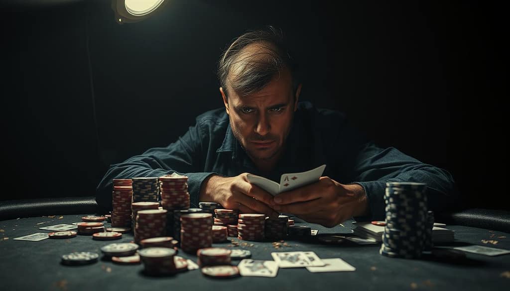 A dimly lit poker table, the felt worn and stained. Stacks of chips and cards scattered haphazardly, reflecting poor bankroll management. A player's face, wracked with frustration, eyes fixated on the cards - a classic portrait of value betting mistakes. Overhead, a single spotlight casts dramatic shadows, emphasizing the gravity of the moment. The scene exudes a sense of regret and missed opportunities, a cautionary tale for aspiring players. The composition is tight, drawing the viewer's attention to the critical details that embody the perils of improper value betting. A dimly lit poker table, the felt worn and stained. Stacks of chips and cards scattered haphazardly, reflecting poor bankroll management. A player's face, wracked with frustration, eyes fixated on the cards - a classic portrait of value betting mistakes. Overhead, a single spotlight casts dramatic shadows, emphasizing the gravity of the moment. The scene exudes a sense of regret and missed opportunities, a cautionary tale for aspiring players. The composition is tight, drawing the viewer's attention to the critical details that embody the perils of improper value betting.