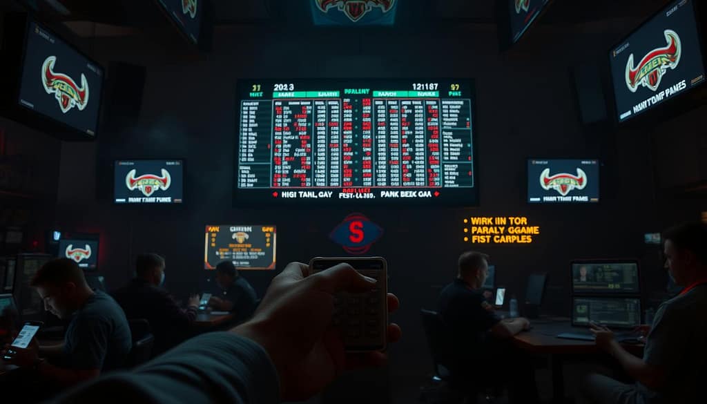 A dimly lit sports betting parlor, the atmosphere hazy with the scent of stale cigarettes and the sound of muted cheers. In the center, a large monitor displays a complex grid of sports team logos, odds, and parlay configurations - the tools of the strategic sports bettor's trade. The foreground features a hand carefully calculating potential outcomes, weighing the risks and rewards of a multi-game wager. The middle ground showcases bettors hunched over their phones, scrutinizing statistics and team news, while the background is a blur of neon-lit screens and the occasional flash of a winning ticket. The lighting is low-key, creating a sense of intensity and focus, as the bettor navigates the high-stakes world of sports betting hedging. A dimly lit sports betting parlor, the atmosphere hazy with the scent of stale cigarettes and the sound of muted cheers. In the center, a large monitor displays a complex grid of sports team logos, odds, and parlay configurations - the tools of the strategic sports bettor's trade. The foreground features a hand carefully calculating potential outcomes, weighing the risks and rewards of a multi-game wager. The middle ground showcases bettors hunched over their phones, scrutinizing statistics and team news, while the background is a blur of neon-lit screens and the occasional flash of a winning ticket. The lighting is low-key, creating a sense of intensity and focus, as the bettor navigates the high-stakes world of sports betting hedging.