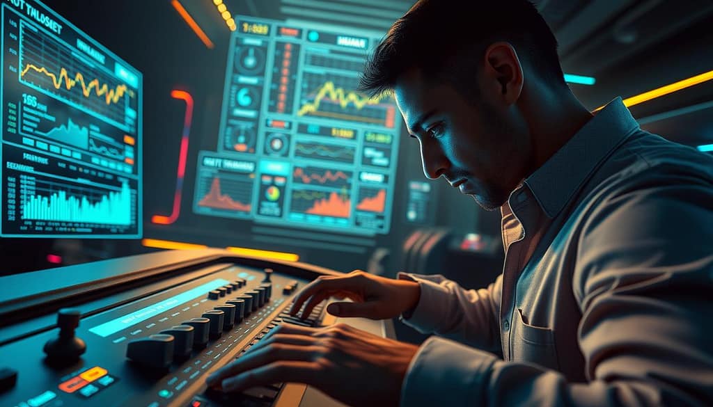 A dynamic and visually striking scene depicting the nuanced "situational value" of a progressive betting system. In the foreground, a gambler intensely focused, meticulously adjusting sliders and dials on a sleek, futuristic control panel. Ambient lighting casts an ethereal glow, highlighting the intricate mechanisms and data visualizations. In the middle ground, a towering holographic display showcases real-time market trends and statistical models, guiding the gambler's strategic decisions. The background is a dimly lit, high-tech environment, with subtle neon accents and a sense of cautious anticipation. The overall mood is one of calculated risk, technological innovation, and the delicate balance between potential reward and peril. A dynamic and visually striking scene depicting the nuanced "situational value" of a progressive betting system. In the foreground, a gambler intensely focused, meticulously adjusting sliders and dials on a sleek, futuristic control panel. Ambient lighting casts an ethereal glow, highlighting the intricate mechanisms and data visualizations. In the middle ground, a towering holographic display showcases real-time market trends and statistical models, guiding the gambler's strategic decisions. The background is a dimly lit, high-tech environment, with subtle neon accents and a sense of cautious anticipation. The overall mood is one of calculated risk, technological innovation, and the delicate balance between potential reward and peril.