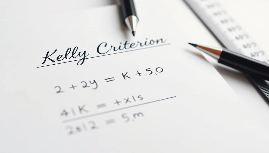 A high-contrast close-up of a white notepad with elegant cursive handwriting detailing the Kelly Criterion stake sizing calculation formula. The foreground shows the derivation of the formula with key variables and mathematical symbols clearly legible against the crisp white background. The middle ground features a black mechanical pencil and a ruler to convey the analytical, technical nature of the subject matter. The background is softly blurred, creating a minimalist, focused composition that emphasizes the importance of the calculation. A high-contrast close-up of a white notepad with elegant cursive handwriting detailing the Kelly Criterion stake sizing calculation formula. The foreground shows the derivation of the formula with key variables and mathematical symbols clearly legible against the crisp white background. The middle ground features a black mechanical pencil and a ruler to convey the analytical, technical nature of the subject matter. The background is softly blurred, creating a minimalist, focused composition that emphasizes the importance of the calculation.