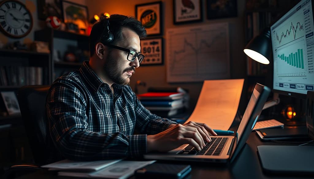 A professional sports bettor carefully analyzing statistical data and making calculated decisions on a laptop, with a focused expression. The scene is set in a dimly lit home office, with warm lighting casting shadows across the desk and surfaces. The bettor is surrounded by sports memorabilia, betting slips, and financial charts, conveying the strategic and analytical nature of the hedging process. The overall atmosphere is one of concentration and determination, as the bettor seeks to mitigate risk and optimize returns through effective hedging strategies. A professional sports bettor carefully analyzing statistical data and making calculated decisions on a laptop, with a focused expression. The scene is set in a dimly lit home office, with warm lighting casting shadows across the desk and surfaces. The bettor is surrounded by sports memorabilia, betting slips, and financial charts, conveying the strategic and analytical nature of the hedging process. The overall atmosphere is one of concentration and determination, as the bettor seeks to mitigate risk and optimize returns through effective hedging strategies.