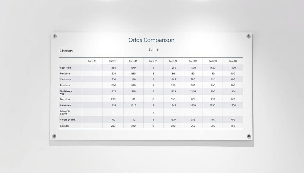 A sleek and modern odds comparison chart on a minimalist white background, meticulously designed to highlight the key details. The chart features clean lines, simple shapes, and a sophisticated color palette of blues and grays, creating a sense of clarity and precision. The data is presented in a well-organized, easy-to-read format, allowing the viewer to quickly grasp the essential information. The chart is illuminated by soft, directional lighting, casting subtle shadows that add depth and dimension to the image. The overall aesthetic is polished and professional, reflecting the seriousness of the topic and the importance of making informed decisions when it comes to betting and odds comparison. A sleek and modern odds comparison chart on a minimalist white background, meticulously designed to highlight the key details. The chart features clean lines, simple shapes, and a sophisticated color palette of blues and grays, creating a sense of clarity and precision. The data is presented in a well-organized, easy-to-read format, allowing the viewer to quickly grasp the essential information. The chart is illuminated by soft, directional lighting, casting subtle shadows that add depth and dimension to the image. The overall aesthetic is polished and professional, reflecting the seriousness of the topic and the importance of making informed decisions when it comes to betting and odds comparison.