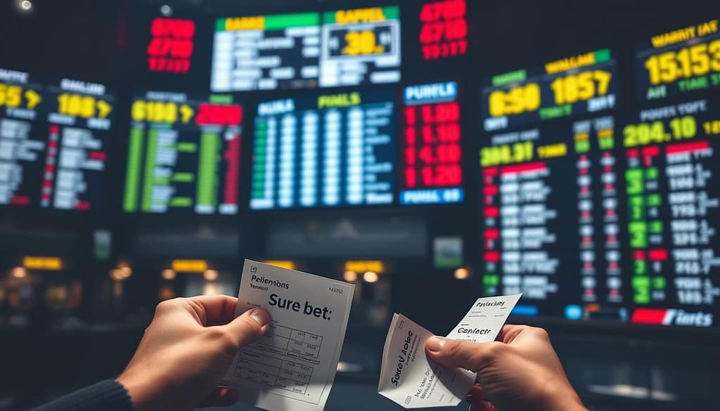 A sports betting arena set against a shadowy background, illuminated by the warm glow of digital displays showcasing shifting odds and statistics. In the foreground, a pair of hands meticulously manipulating betting slips, carefully comparing and weighing the odds across multiple bookmakers. The atmosphere is one of calculated risk, with the focus on finding the sweet spot where the numbers align to create a "sure bet" - a moment of triumph amidst the uncertainty of the game. A sports betting arena set against a shadowy background, illuminated by the warm glow of digital displays showcasing shifting odds and statistics. In the foreground, a pair of hands meticulously manipulating betting slips, carefully comparing and weighing the odds across multiple bookmakers. The atmosphere is one of calculated risk, with the focus on finding the sweet spot where the numbers align to create a "sure bet" - a moment of triumph amidst the uncertainty of the game.