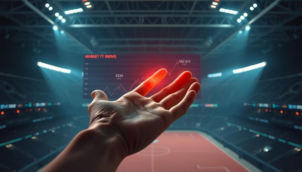 A sports betting timing strategy visualization depicting a betting odds chart displayed on a high-tech digital interface. In the foreground, a hand hovers over the chart, highlighting key moments to place wagers. The middle ground shows a sophisticated betting algorithm running complex calculations. In the background, a minimalist sports arena scene sets the stage, dimly lit with strategic lighting to convey a sense of focus and intensity. The overall mood is one of analytical precision, with a touch of anticipation and the thrill of market timing in the world of sports betting. A sports betting timing strategy visualization depicting a betting odds chart displayed on a high-tech digital interface. In the foreground, a hand hovers over the chart, highlighting key moments to place wagers. The middle ground shows a sophisticated betting algorithm running complex calculations. In the background, a minimalist sports arena scene sets the stage, dimly lit with strategic lighting to convey a sense of focus and intensity. The overall mood is one of analytical precision, with a touch of anticipation and the thrill of market timing in the world of sports betting.