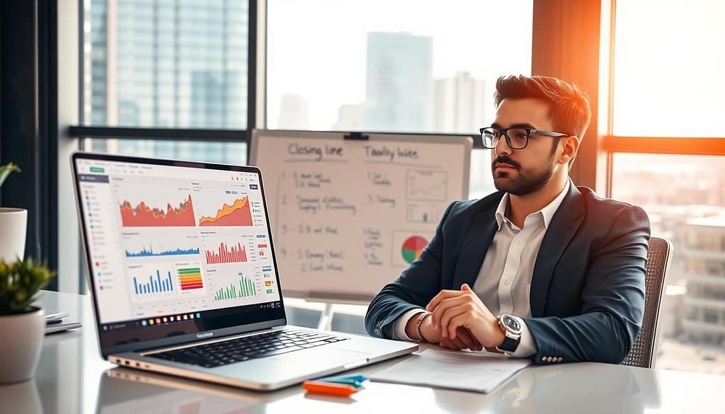 A business professional in smart casual attire is seated at a modern desk, surrounded by analytical tools, charts, and graphs illustrating closing line values. The foreground features a close-up of a laptop displaying a vibrant, interactive dashboard filled with real-time data visualizations. In the middle, a whiteboard behind the professional displays step-by-step tracking methods, using colorful markers. The background offers a large window with a cityscape view, encompassing a bright sunny day that fills the room with natural light. The atmosphere is focused and determined, evoking a sense of analytical rigor and professionalism, as if capturing a moment of deep concentration and strategic thinking. The composition is well-lit, emphasizing the contrast between the warm interior and the cool exterior city tones. A business professional in smart casual attire is seated at a modern desk, surrounded by analytical tools, charts, and graphs illustrating closing line values. The foreground features a close-up of a laptop displaying a vibrant, interactive dashboard filled with real-time data visualizations. In the middle, a whiteboard behind the professional displays step-by-step tracking methods, using colorful markers. The background offers a large window with a cityscape view, encompassing a bright sunny day that fills the room with natural light. The atmosphere is focused and determined, evoking a sense of analytical rigor and professionalism, as if capturing a moment of deep concentration and strategic thinking. The composition is well-lit, emphasizing the contrast between the warm interior and the cool exterior city tones.
