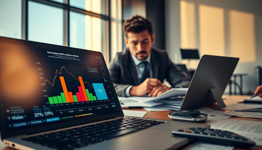 A close-up view of a sophisticated analysis workspace dedicated to implied probability value analysis. In the foreground, a laptop displays a detailed graph illustrating probability values and key betting data in vibrant colors, along with scattered analytical papers and a calculator. In the middle ground, a focused professional wearing business attire studies the graphs, reflecting deep concentration. The background features a modern office environment with a large window allowing natural light to illuminate the space, casting soft shadows. The overall atmosphere conveys a sense of focus and clarity, with warm tones enhancing the mood of insightful analysis. The scene captures the essence of using implied probability to uncover valuable betting opportunities. A close-up view of a sophisticated analysis workspace dedicated to implied probability value analysis. In the foreground, a laptop displays a detailed graph illustrating probability values and key betting data in vibrant colors, along with scattered analytical papers and a calculator. In the middle ground, a focused professional wearing business attire studies the graphs, reflecting deep concentration. The background features a modern office environment with a large window allowing natural light to illuminate the space, casting soft shadows. The overall atmosphere conveys a sense of focus and clarity, with warm tones enhancing the mood of insightful analysis. The scene captures the essence of using implied probability to uncover valuable betting opportunities.