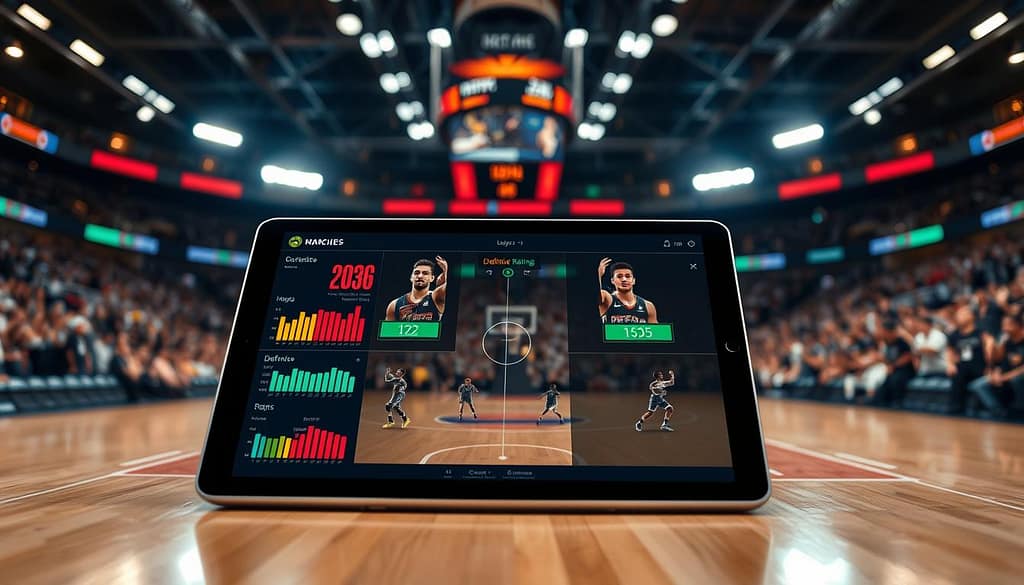 A detailed defensive analysis of basketball player matchups, showcasing a digital layout of player statistics and defensive ratings. In the foreground, a sleek tablet displays colorful graphs and charts with numerical values, emphasizing defensive strength against specific opponents. The middle ground features a stylized basketball court layout, with player icons representing various positions highlighted in contrasting colors for easy identification. In the background, a blurred stadium filled with cheering fans, illuminated by bright overhead lights creating a vibrant and energetic atmosphere. The lighting is bright and clinical, adding a professional feel, while the overall composition conveys analytical precision and excitement around matchup advantages in basketball betting. A detailed defensive analysis of basketball player matchups, showcasing a digital layout of player statistics and defensive ratings. In the foreground, a sleek tablet displays colorful graphs and charts with numerical values, emphasizing defensive strength against specific opponents. The middle ground features a stylized basketball court layout, with player icons representing various positions highlighted in contrasting colors for easy identification. In the background, a blurred stadium filled with cheering fans, illuminated by bright overhead lights creating a vibrant and energetic atmosphere. The lighting is bright and clinical, adding a professional feel, while the overall composition conveys analytical precision and excitement around matchup advantages in basketball betting.