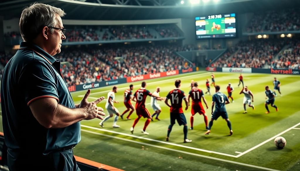 A dramatic scene depicting a football match in progress, focusing on tactical shifts in play. In the foreground, a coach stands at the edge of the pitch, animatedly gesturing to his players. He wears a smart, professional polo shirt and is looking intently at the game, analyzing formations and strategies. In the middle, players from both teams are dynamically positioned on the field, showcasing varying formations and movements, with some players engaged in intense tackles and others readying for a counter-attack. The background features spectators in a vibrant stadium, with banners waving, and a large scoreboard displaying real-time statistics. The lighting is bright and focused, emphasizing the action on the field, while a slight blur captures the fast-paced nature of the game. The atmosphere is tense and electric, highlighting the critical moments of tactical adaptation. A dramatic scene depicting a football match in progress, focusing on tactical shifts in play. In the foreground, a coach stands at the edge of the pitch, animatedly gesturing to his players. He wears a smart, professional polo shirt and is looking intently at the game, analyzing formations and strategies. In the middle, players from both teams are dynamically positioned on the field, showcasing varying formations and movements, with some players engaged in intense tackles and others readying for a counter-attack. The background features spectators in a vibrant stadium, with banners waving, and a large scoreboard displaying real-time statistics. The lighting is bright and focused, emphasizing the action on the field, while a slight blur captures the fast-paced nature of the game. The atmosphere is tense and electric, highlighting the critical moments of tactical adaptation.