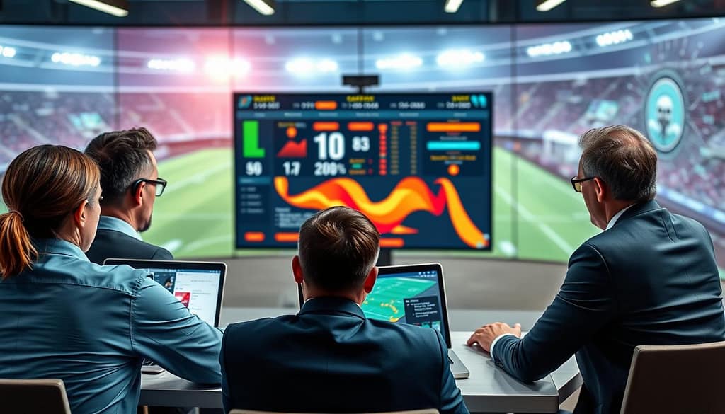 A dynamic and engaging image depicting a virtual football betting forum filled with expert insights. In the foreground, show diverse professionals in business attire discussing strategies over a digital conference call, with laptops and analytical charts visible. In the middle, feature an array of colorful screen displays showing analytical data, odds, and football statistics. The background should include a modern, tech-inspired virtual setting with abstract football-themed elements, like a blurred stadium view and digital overlays of football graphics creating a sense of depth. Soft, focused lighting enhances the professionalism and excitement, suggesting a lively atmosphere for intelligent discussions. The overall mood is one of collaboration and insight, perfect for betting enthusiasts looking for expert advice. A dynamic and engaging image depicting a virtual football betting forum filled with expert insights. In the foreground, show diverse professionals in business attire discussing strategies over a digital conference call, with laptops and analytical charts visible. In the middle, feature an array of colorful screen displays showing analytical data, odds, and football statistics. The background should include a modern, tech-inspired virtual setting with abstract football-themed elements, like a blurred stadium view and digital overlays of football graphics creating a sense of depth. Soft, focused lighting enhances the professionalism and excitement, suggesting a lively atmosphere for intelligent discussions. The overall mood is one of collaboration and insight, perfect for betting enthusiasts looking for expert advice.