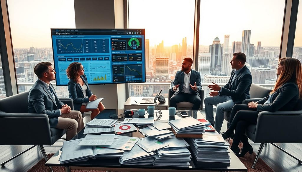 A dynamic and engaging scene depicting a group of diverse professionals in a sleek, modern conference room, intently discussing football prop betting strategies. In the foreground, a coffee table is cluttered with data analytics reports, charts, and football game statistics, reflecting community wisdom. The middle ground features engaged individuals, including a woman in a tailored blazer and a man in smart casual attire, animatedly sharing ideas while gesturing toward a large digital screen filled with graphics representing betting trends. In the background, large windows reveal a vibrant cityscape bathed in warm afternoon light, adding energy to the atmosphere. The overall mood is focused, collaborative, and intellectually stimulating, enhancing the theme of knowledge-sharing and strategic discussion within the world of sports betting. A dynamic and engaging scene depicting a group of diverse professionals in a sleek, modern conference room, intently discussing football prop betting strategies. In the foreground, a coffee table is cluttered with data analytics reports, charts, and football game statistics, reflecting community wisdom. The middle ground features engaged individuals, including a woman in a tailored blazer and a man in smart casual attire, animatedly sharing ideas while gesturing toward a large digital screen filled with graphics representing betting trends. In the background, large windows reveal a vibrant cityscape bathed in warm afternoon light, adding energy to the atmosphere. The overall mood is focused, collaborative, and intellectually stimulating, enhancing the theme of knowledge-sharing and strategic discussion within the world of sports betting.