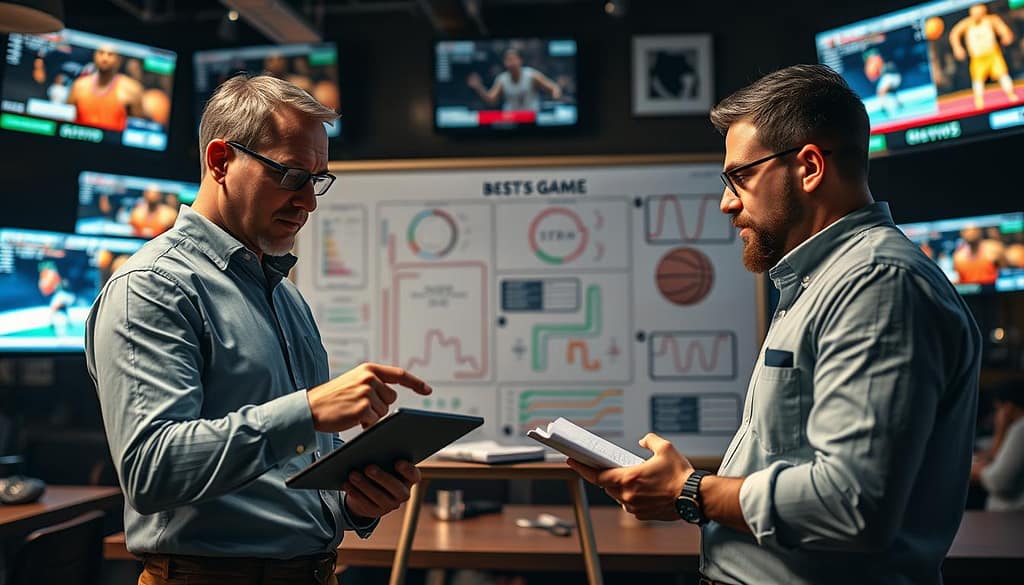 A dynamic and engaging scene illustrating basketball betting strategies, featuring two professional analysts deep in discussion over a game plan. In the foreground, one analyst is pointing at a digital tablet displaying statistics and betting odds, while the other notes down strategies on a notepad. In the middle ground, a large whiteboard filled with diagrams, potential betting scenarios, and colorful graphs provides context to their discussion. The background shows a sports bar atmosphere with TVs displaying live basketball games, dim ambient lighting creating an intense focus on the analysts. The overall mood is strategic and analytical, evoking a sense of excitement and professionalism. The scene should have a slight depth of field, emphasizing the analysts while softly blurring the background. A dynamic and engaging scene illustrating basketball betting strategies, featuring two professional analysts deep in discussion over a game plan. In the foreground, one analyst is pointing at a digital tablet displaying statistics and betting odds, while the other notes down strategies on a notepad. In the middle ground, a large whiteboard filled with diagrams, potential betting scenarios, and colorful graphs provides context to their discussion. The background shows a sports bar atmosphere with TVs displaying live basketball games, dim ambient lighting creating an intense focus on the analysts. The overall mood is strategic and analytical, evoking a sense of excitement and professionalism. The scene should have a slight depth of field, emphasizing the analysts while softly blurring the background.