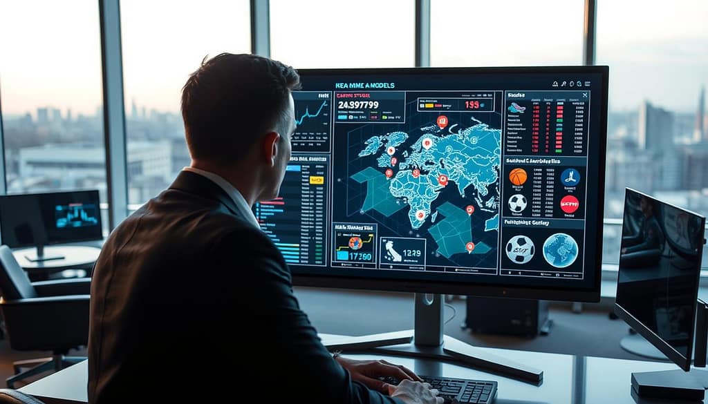 A dynamic and visually compelling representation of data modeling for betting across various sports. In the foreground, a professional analyst, dressed in smart business attire, is focused on multiple digital screens displaying graphs, statistical models, and real-time data related to sports betting. The middle layer features a large digital display with a map overlay of different sports events, accompanied by icons of basketballs, footballs, and soccer balls, illustrating a diverse range of sports. The background consists of a modern office setting with sleek furniture, soft ambient lighting to create a focused work atmosphere, and panoramic windows revealing a city skyline. The entire scene communicates a mood of concentration and sophistication, highlighting the analytical approach to sports betting. A dynamic and visually compelling representation of data modeling for betting across various sports. In the foreground, a professional analyst, dressed in smart business attire, is focused on multiple digital screens displaying graphs, statistical models, and real-time data related to sports betting. The middle layer features a large digital display with a map overlay of different sports events, accompanied by icons of basketballs, footballs, and soccer balls, illustrating a diverse range of sports. The background consists of a modern office setting with sleek furniture, soft ambient lighting to create a focused work atmosphere, and panoramic windows revealing a city skyline. The entire scene communicates a mood of concentration and sophistication, highlighting the analytical approach to sports betting.