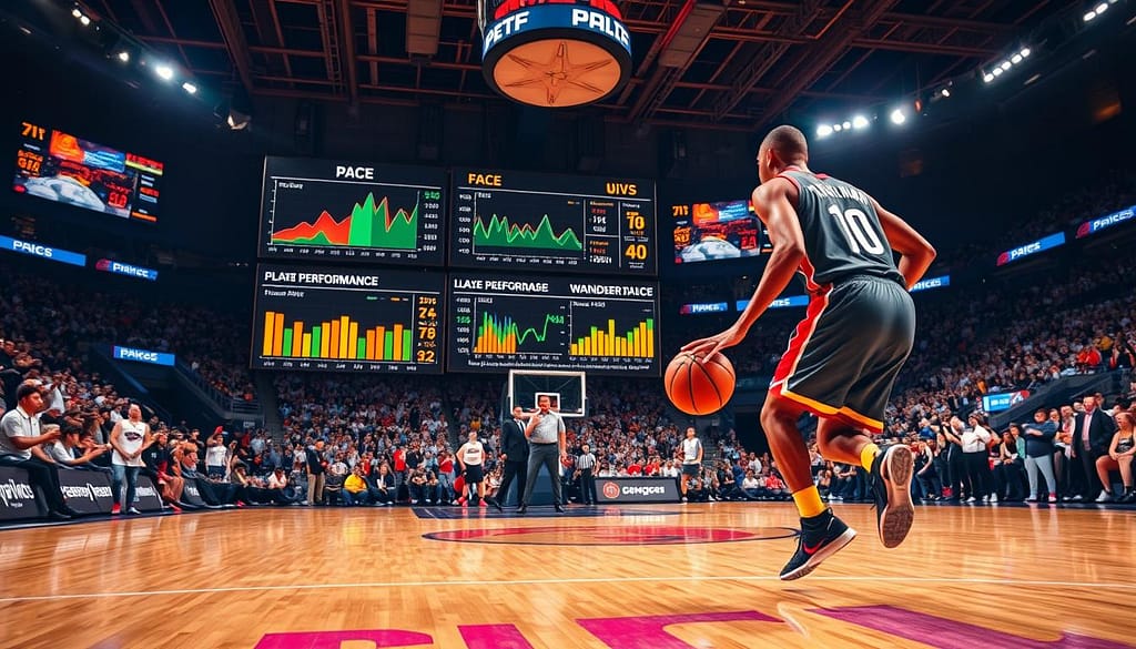 A dynamic basketball court scene depicting an analytical breakdown of "Over/Under Strategies Based on Pace." In the foreground, a basketball player dribbles the ball, wearing a professional jersey and focused on the game. The middle layer features a digital scoreboard displaying pace statistics and player performance metrics with colorful graphs and charts, illustrating the strategic analysis. In the background, a crowd of fans cheers in a vibrant arena filled with team colors and energizing lighting. The composition should be captured from a slight low-angle to emphasize the action, with warm lighting that creates an engaging atmosphere, highlighting the importance of pace in basketball betting strategies. A dynamic basketball court scene depicting an analytical breakdown of "Over/Under Strategies Based on Pace." In the foreground, a basketball player dribbles the ball, wearing a professional jersey and focused on the game. The middle layer features a digital scoreboard displaying pace statistics and player performance metrics with colorful graphs and charts, illustrating the strategic analysis. In the background, a crowd of fans cheers in a vibrant arena filled with team colors and energizing lighting. The composition should be captured from a slight low-angle to emphasize the action, with warm lighting that creates an engaging atmosphere, highlighting the importance of pace in basketball betting strategies.