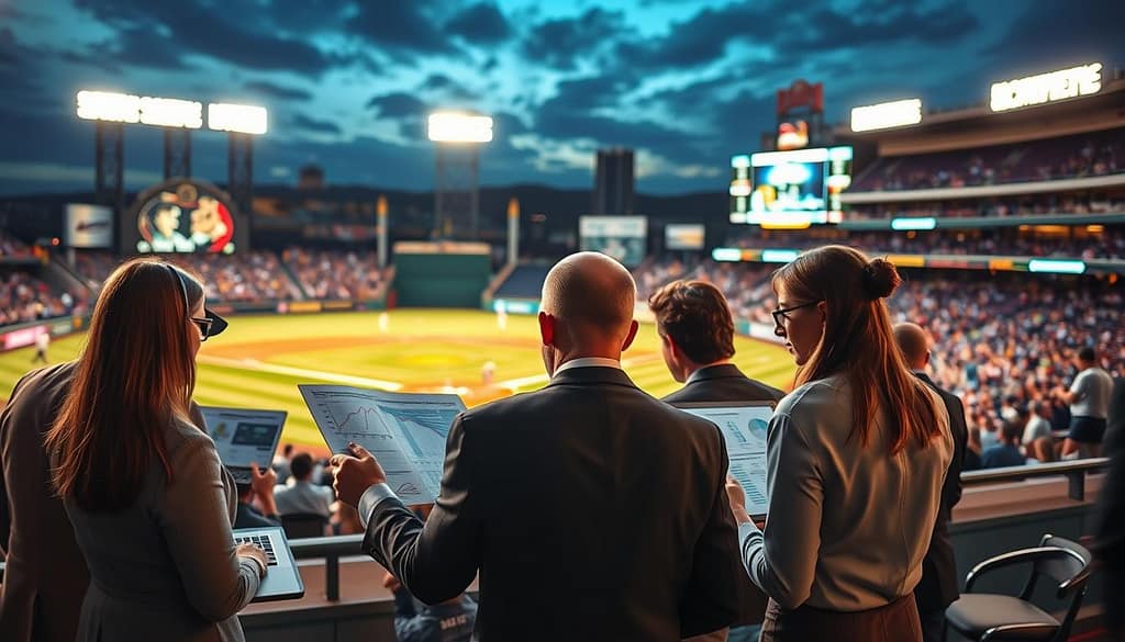 A dynamic scene depicting a late-game baseball setting focusing on betting strategy. In the foreground, a diverse group of individuals in professional business attire study charts and statistics on laptops, deeply engaged in analysis. The middle ground features a baseball diamond at dusk, the scoreboard displaying a close game, while players in the bullpen appear focused and tense. In the background, the stadium is lit with soft floodlights, creating a dramatic yet intense atmosphere, with fans cheering, enveloping the scene in a palpable sense of urgency. Capture the elements with a slightly elevated angle, enhancing the strategic discussions, and use warm lighting to evoke a feeling of anticipation and excitement in the air. A dynamic scene depicting a late-game baseball setting focusing on betting strategy. In the foreground, a diverse group of individuals in professional business attire study charts and statistics on laptops, deeply engaged in analysis. The middle ground features a baseball diamond at dusk, the scoreboard displaying a close game, while players in the bullpen appear focused and tense. In the background, the stadium is lit with soft floodlights, creating a dramatic yet intense atmosphere, with fans cheering, enveloping the scene in a palpable sense of urgency. Capture the elements with a slightly elevated angle, enhancing the strategic discussions, and use warm lighting to evoke a feeling of anticipation and excitement in the air.