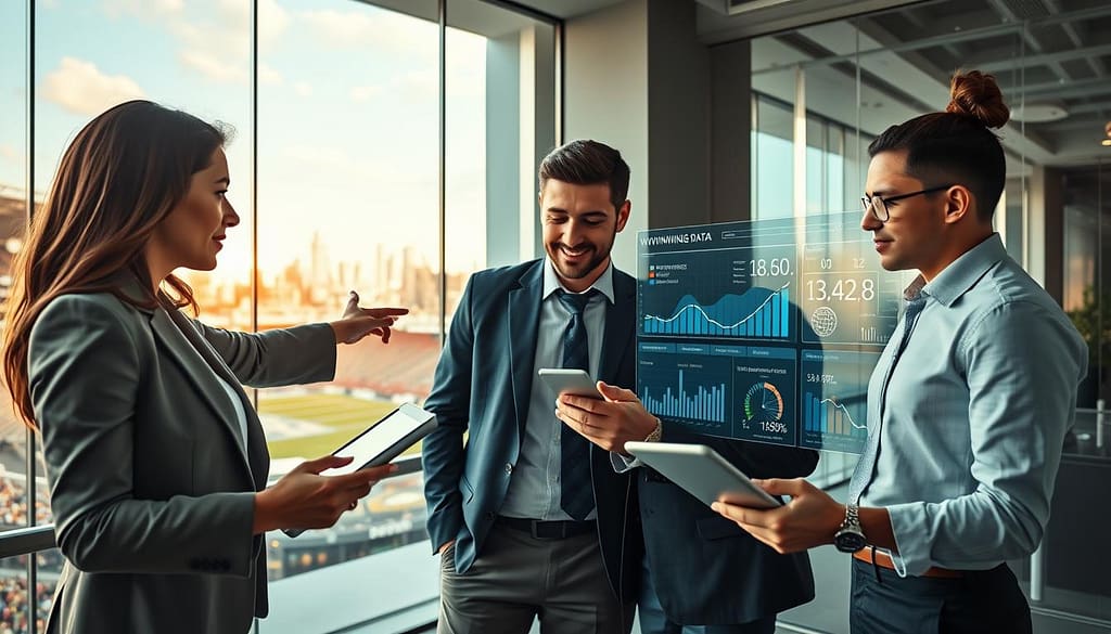 A dynamic scene depicting predictive sports analytics success, featuring a diverse group of three professionals in business attire analyzing data on tablets and laptops in a modern office setting. In the foreground, a confident woman points to a large, interactive digital display showcasing winning data trends and statistics of sports events. In the middle, a focused man discusses strategies with a colleague, both engaged and attentive. The background reveals large windows with a view of a bustling city skyline and a sports arena, bathed in warm, natural light. The atmosphere is collaborative and innovative, highlighting the excitement of data-driven decision-making in sports betting, with an emphasis on teamwork and success. The composition uses a wide-angle perspective to capture the room's energy while keeping the details sharp and clear. A dynamic scene depicting predictive sports analytics success, featuring a diverse group of three professionals in business attire analyzing data on tablets and laptops in a modern office setting. In the foreground, a confident woman points to a large, interactive digital display showcasing winning data trends and statistics of sports events. In the middle, a focused man discusses strategies with a colleague, both engaged and attentive. The background reveals large windows with a view of a bustling city skyline and a sports arena, bathed in warm, natural light. The atmosphere is collaborative and innovative, highlighting the excitement of data-driven decision-making in sports betting, with an emphasis on teamwork and success. The composition uses a wide-angle perspective to capture the room's energy while keeping the details sharp and clear.