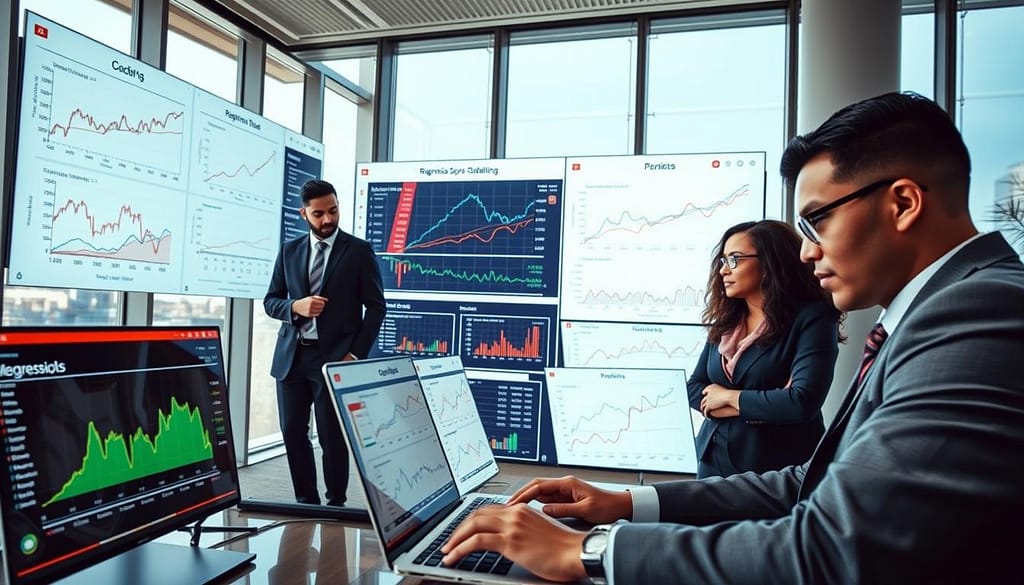 A dynamic scene depicting regression sports modeling analysis, featuring a diverse group of three professionals in business attire. In the foreground, one individual is intently analyzing charts and graphs on a laptop, showcasing various statistical models. The middle ground includes large digital displays illustrating complex regression data and sports statistics, with vibrant colors and clear lines. In the background, a modern office setting with floor-to-ceiling windows revealing a cityscape. Soft, natural lighting enhances the atmosphere, creating a focused, collaborative mood. The angle is slightly elevated, capturing both the individuals and the data visualizations, emphasizing the analytical process without any text or distractions. A dynamic scene depicting regression sports modeling analysis, featuring a diverse group of three professionals in business attire. In the foreground, one individual is intently analyzing charts and graphs on a laptop, showcasing various statistical models. The middle ground includes large digital displays illustrating complex regression data and sports statistics, with vibrant colors and clear lines. In the background, a modern office setting with floor-to-ceiling windows revealing a cityscape. Soft, natural lighting enhances the atmosphere, creating a focused, collaborative mood. The angle is slightly elevated, capturing both the individuals and the data visualizations, emphasizing the analytical process without any text or distractions.