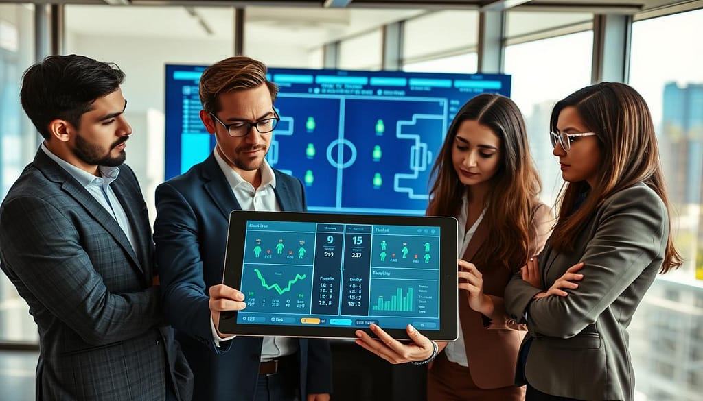 A focused and professional business setting illustrating quick decision-making in risk management for in-play football betting. In the foreground, a diverse group of four business professionals, two men and two women, dressed in smart casual attire, intently discussing a digital tablet displaying live football stats. Their expressions convey concentration and urgency. In the middle, a large digital screen showcases real-time tactical charts and statistics, glowing in blue and green tones, emphasizing data analysis. The background features a sleek modern office with large windows, allowing soft natural light to spill in, creating a dynamic atmosphere of fast-paced decision-making. The overall mood is energetic and focused, suggesting a collaborative environment where risk management is key to successful betting strategies. The image captures the intensity and intelligence of managing risks during live sports events. A focused and professional business setting illustrating quick decision-making in risk management for in-play football betting. In the foreground, a diverse group of four business professionals, two men and two women, dressed in smart casual attire, intently discussing a digital tablet displaying live football stats. Their expressions convey concentration and urgency. In the middle, a large digital screen showcases real-time tactical charts and statistics, glowing in blue and green tones, emphasizing data analysis. The background features a sleek modern office with large windows, allowing soft natural light to spill in, creating a dynamic atmosphere of fast-paced decision-making. The overall mood is energetic and focused, suggesting a collaborative environment where risk management is key to successful betting strategies. The image captures the intensity and intelligence of managing risks during live sports events.