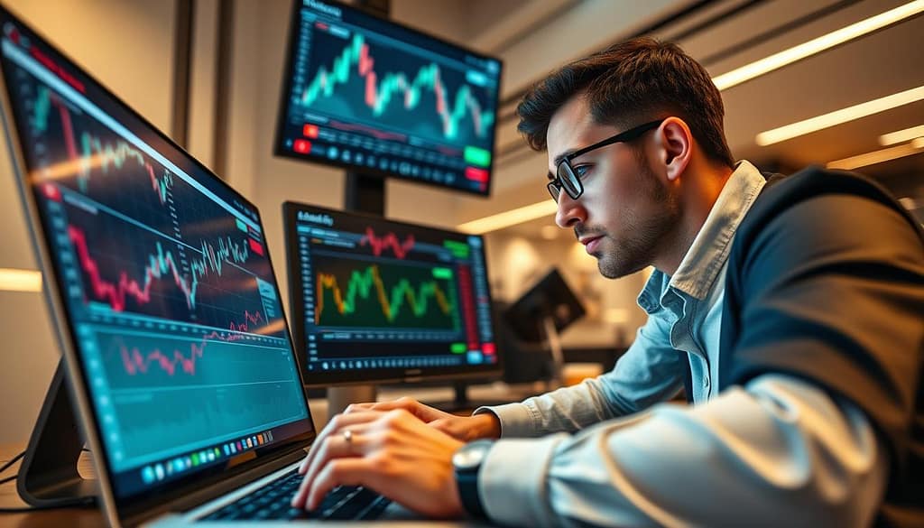A focused professional in a modern office environment, intently analyzing digital market data on multiple screens. The foreground features a close-up of their hands on a laptop, expertly navigating through graphs and charts that display line movements and odds shifts. In the middle ground, the screens glow with dynamic visuals, showcasing fluctuating lines and statistical indicators. The background reveals a sleek, contemporary office space with soft ambient lighting, casting a warm yet concentrated atmosphere. Use a shallow depth of field to draw attention to the subject and the screens, conveying a mood of urgency and focus, emphasizing the importance of interpreting market signals to gain a competitive edge. A focused professional in a modern office environment, intently analyzing digital market data on multiple screens. The foreground features a close-up of their hands on a laptop, expertly navigating through graphs and charts that display line movements and odds shifts. In the middle ground, the screens glow with dynamic visuals, showcasing fluctuating lines and statistical indicators. The background reveals a sleek, contemporary office space with soft ambient lighting, casting a warm yet concentrated atmosphere. Use a shallow depth of field to draw attention to the subject and the screens, conveying a mood of urgency and focus, emphasizing the importance of interpreting market signals to gain a competitive edge.