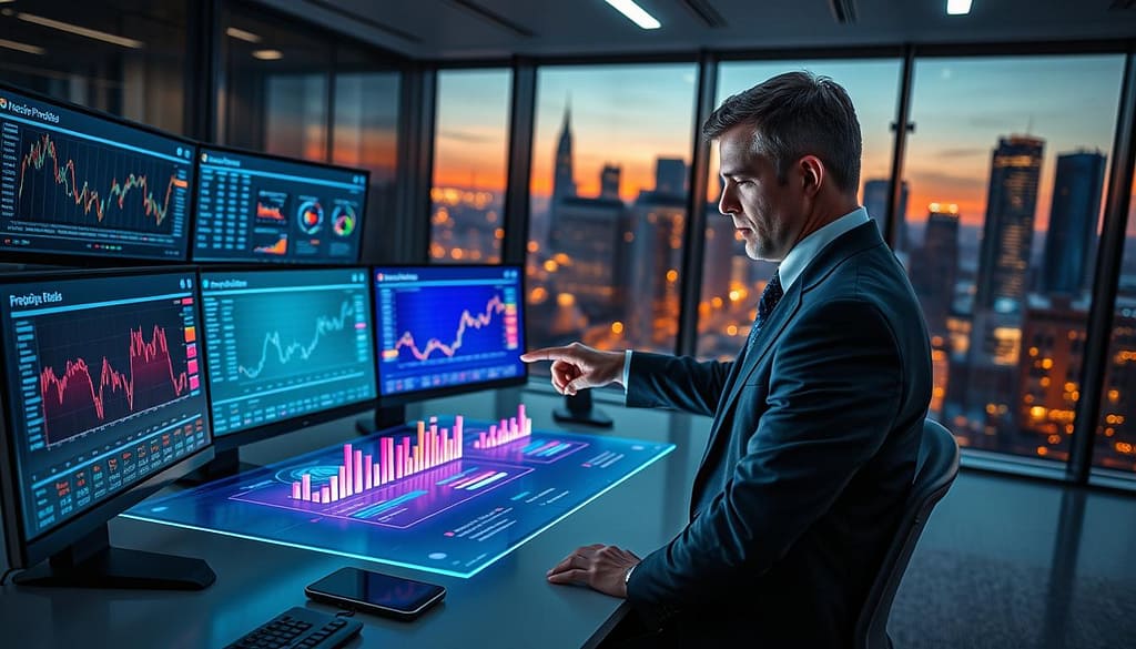 A futuristic office setting with a sleek modern desk featuring multiple computer screens displaying vibrant graphs and analytics related to betting predictions. In the foreground, a professional analyst, dressed in business attire, examines the data with a focused expression, pointing at one of the screens. In the middle ground, a dynamic holographic interface shows predictive models and statistical charts, glowing subtly. The background features a large window with a city skyline at dusk, casting warm golden light into the room. The lighting is soft yet illuminative, creating a serious and strategic atmosphere. The lens perspective is slightly angled from above, providing a comprehensive view of both the analyst and the technology around them. A futuristic office setting with a sleek modern desk featuring multiple computer screens displaying vibrant graphs and analytics related to betting predictions. In the foreground, a professional analyst, dressed in business attire, examines the data with a focused expression, pointing at one of the screens. In the middle ground, a dynamic holographic interface shows predictive models and statistical charts, glowing subtly. The background features a large window with a city skyline at dusk, casting warm golden light into the room. The lighting is soft yet illuminative, creating a serious and strategic atmosphere. The lens perspective is slightly angled from above, providing a comprehensive view of both the analyst and the technology around them.