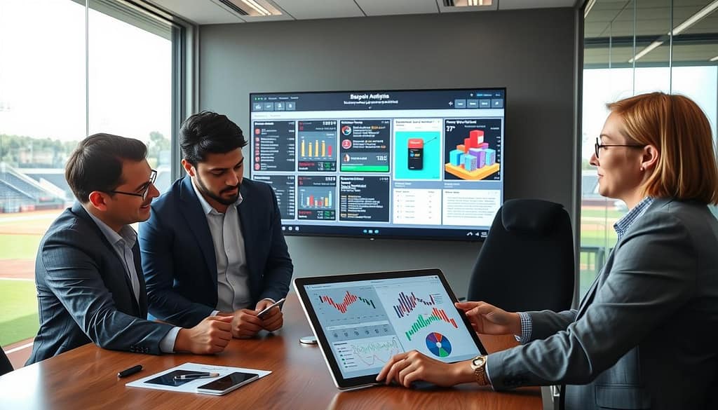 A modern baseball analytics meeting focused on bullpen strategy refinement. In the foreground, a diverse group of three professional analysts, dressed in business casual attire, are intensely discussing over a digital tablet displaying intricate data charts. The middle ground features a large screen with visualizations of pitching statistics and strategies, with colorful graphs and player profiles. The background shows a sleek conference room with a glass wall overlooking a baseball field, highlighting the connection between strategy and gameplay. Bright, natural lighting illuminates the room, creating a motivating atmosphere. The scene captures the energy and professionalism of baseball analysis, emphasizing collaboration and the importance of tactical decisions in sports betting. A modern baseball analytics meeting focused on bullpen strategy refinement. In the foreground, a diverse group of three professional analysts, dressed in business casual attire, are intensely discussing over a digital tablet displaying intricate data charts. The middle ground features a large screen with visualizations of pitching statistics and strategies, with colorful graphs and player profiles. The background shows a sleek conference room with a glass wall overlooking a baseball field, highlighting the connection between strategy and gameplay. Bright, natural lighting illuminates the room, creating a motivating atmosphere. The scene captures the energy and professionalism of baseball analysis, emphasizing collaboration and the importance of tactical decisions in sports betting.