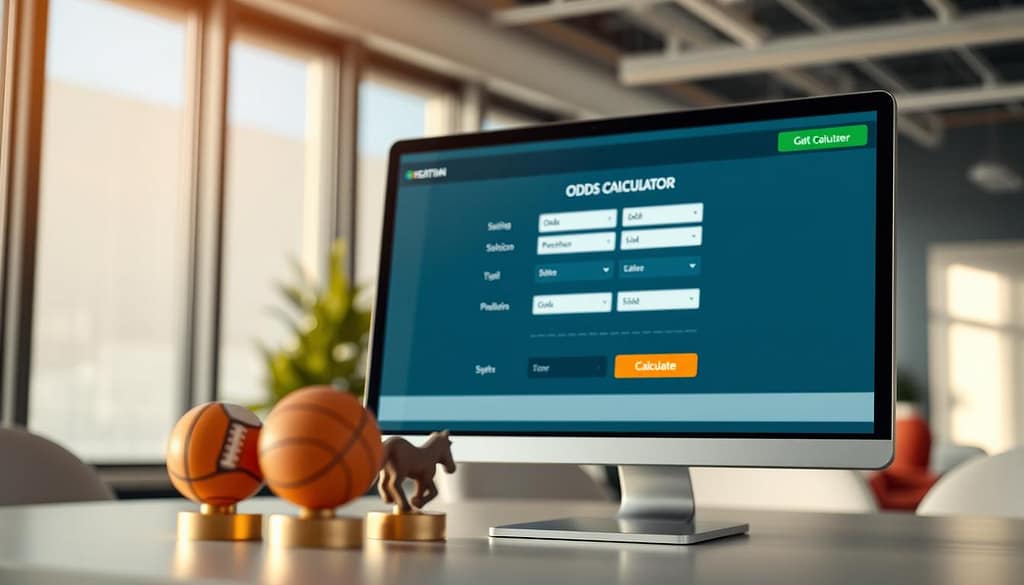 A modern odds calculator interface displayed on a sleek computer screen, emphasizing clarity and functionality. In the foreground, detailed icons of sports symbols (like a football, basketball, and horse) highlight various betting options. The middle ground features an interactive display with input fields for odds, selections, and a calculate button, all in a professional layout. The background includes a softly blurred office environment with subtle lighting, evoking a focused and serious atmosphere. Use natural daylight filtering through a window to add warmth, with a clear view from an angle that showcases the interface prominently. The overall mood should be one of professionalism and efficiency, ideal for users navigating betting decisions. A modern odds calculator interface displayed on a sleek computer screen, emphasizing clarity and functionality. In the foreground, detailed icons of sports symbols (like a football, basketball, and horse) highlight various betting options. The middle ground features an interactive display with input fields for odds, selections, and a calculate button, all in a professional layout. The background includes a softly blurred office environment with subtle lighting, evoking a focused and serious atmosphere. Use natural daylight filtering through a window to add warmth, with a clear view from an angle that showcases the interface prominently. The overall mood should be one of professionalism and efficiency, ideal for users navigating betting decisions.
