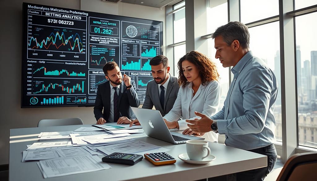 A professional and futuristic office environment with a large digital screen displaying complex betting analytics graphs and model validation charts. In the foreground, a diverse group of three individuals in business attire, deeply engaged in discussion, analyzing data on a laptop, with focused expressions. The middle layer features a large table filled with data sheets, a calculator, and coffee cups, symbolizing a collaborative effort in model building. The background showcases floor-to-ceiling windows with a city skyline, allowing natural light to illuminate the scene, creating a bright and energetic atmosphere. Soft shadows cast by the light add depth, while a light blue color palette conveys professionalism and clarity. A professional and futuristic office environment with a large digital screen displaying complex betting analytics graphs and model validation charts. In the foreground, a diverse group of three individuals in business attire, deeply engaged in discussion, analyzing data on a laptop, with focused expressions. The middle layer features a large table filled with data sheets, a calculator, and coffee cups, symbolizing a collaborative effort in model building. The background showcases floor-to-ceiling windows with a city skyline, allowing natural light to illuminate the scene, creating a bright and energetic atmosphere. Soft shadows cast by the light add depth, while a light blue color palette conveys professionalism and clarity.