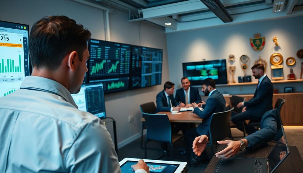 A professional and organized sports data analysis validation process scene, set in a modern office environment. In the foreground, a data analyst, dressed in professional business attire, examines interactive digital dashboards displaying complex graphs and predictive metrics related to sports betting. The middle ground features large screens with real-time statistics and data visualizations, while colleagues discuss strategies around a conference table, also in business attire. The background showcases sports memorabilia and a wall with awards, accentuating the context of sports analytics. Soft lighting illuminates the workspace, creating an atmosphere of focus and collaboration. The camera angle captures the action from a slightly elevated perspective, adding depth to the scene. A professional and organized sports data analysis validation process scene, set in a modern office environment. In the foreground, a data analyst, dressed in professional business attire, examines interactive digital dashboards displaying complex graphs and predictive metrics related to sports betting. The middle ground features large screens with real-time statistics and data visualizations, while colleagues discuss strategies around a conference table, also in business attire. The background showcases sports memorabilia and a wall with awards, accentuating the context of sports analytics. Soft lighting illuminates the workspace, creating an atmosphere of focus and collaboration. The camera angle captures the action from a slightly elevated perspective, adding depth to the scene.