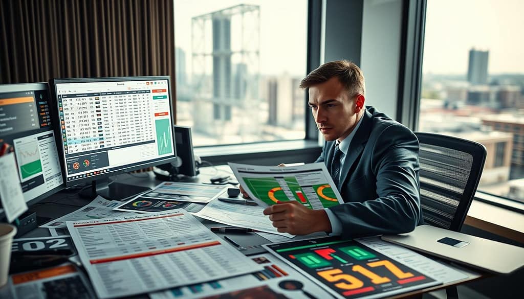 A professional strategist sits at a modern desk covered with various sports betting odds reports, charts, and graphs, intensely analyzing data on dual computer screens. In the foreground, brightly colored odds comparisons highlight different sports like soccer, basketball, and horse racing, showcasing varying numbers. In the middle, soft atmospheric lighting highlights the focused expressions and business attire of the strategist. A window in the background reveals a blurred city skyline, symbolizing the broader context of the betting industry. The overall mood is serious yet engaging, emphasizing the importance of practical odds shopping for strategic bettors. The camera angle is slightly above the desk, providing a clear view of the strategist's concentration and the data. A professional strategist sits at a modern desk covered with various sports betting odds reports, charts, and graphs, intensely analyzing data on dual computer screens. In the foreground, brightly colored odds comparisons highlight different sports like soccer, basketball, and horse racing, showcasing varying numbers. In the middle, soft atmospheric lighting highlights the focused expressions and business attire of the strategist. A window in the background reveals a blurred city skyline, symbolizing the broader context of the betting industry. The overall mood is serious yet engaging, emphasizing the importance of practical odds shopping for strategic bettors. The camera angle is slightly above the desk, providing a clear view of the strategist's concentration and the data.
