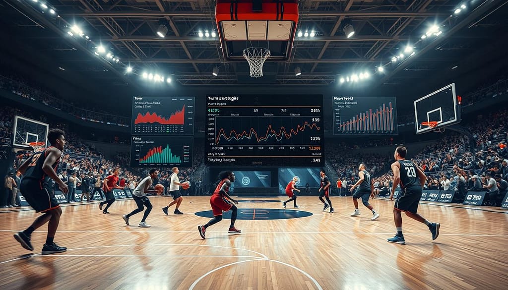 A scene depicting basketball pace analysis with a focus on data visualization. In the foreground, a sleek, modern basketball court featuring players in professional athletic wear, engaged in a fast-paced drill, showcasing agility and teamwork. In the middle ground, a large digital display showing dynamic graphs and statistics about team strategies, player speeds, and matchup performance, emphasizing data-driven insights. The background captures a packed arena with enthusiastic fans cheering, well-lit with bright overhead lights creating an energetic atmosphere. The overall mood is intense and analytical, reflecting the intersection of sports and strategy, captured from a slightly elevated angle to provide a comprehensive view of the court and data representations. A scene depicting basketball pace analysis with a focus on data visualization. In the foreground, a sleek, modern basketball court featuring players in professional athletic wear, engaged in a fast-paced drill, showcasing agility and teamwork. In the middle ground, a large digital display showing dynamic graphs and statistics about team strategies, player speeds, and matchup performance, emphasizing data-driven insights. The background captures a packed arena with enthusiastic fans cheering, well-lit with bright overhead lights creating an energetic atmosphere. The overall mood is intense and analytical, reflecting the intersection of sports and strategy, captured from a slightly elevated angle to provide a comprehensive view of the court and data representations.