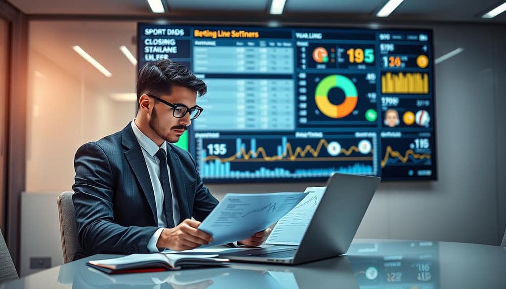 A sleek, modern office setting serves as the backdrop, featuring a large, interactive digital display showing various data analytics related to sports betting. In the foreground, a focused individual in a smart business suit is analyzing betting statistics on a laptop, surrounded by notes and charts depicting closing line values and performance metrics. The lighting is bright and professional, casting a clear, inviting atmosphere that encourages deep concentration. In the middle, soft-focus visuals of betting odds and sports icons subtly blend into the background. The overall mood is one of determination and strategic thinking, embodying the essence of making informed betting adjustments for long-term success. The image captures the intensity of analysis while remaining visually engaging and informative. A sleek, modern office setting serves as the backdrop, featuring a large, interactive digital display showing various data analytics related to sports betting. In the foreground, a focused individual in a smart business suit is analyzing betting statistics on a laptop, surrounded by notes and charts depicting closing line values and performance metrics. The lighting is bright and professional, casting a clear, inviting atmosphere that encourages deep concentration. In the middle, soft-focus visuals of betting odds and sports icons subtly blend into the background. The overall mood is one of determination and strategic thinking, embodying the essence of making informed betting adjustments for long-term success. The image captures the intensity of analysis while remaining visually engaging and informative.