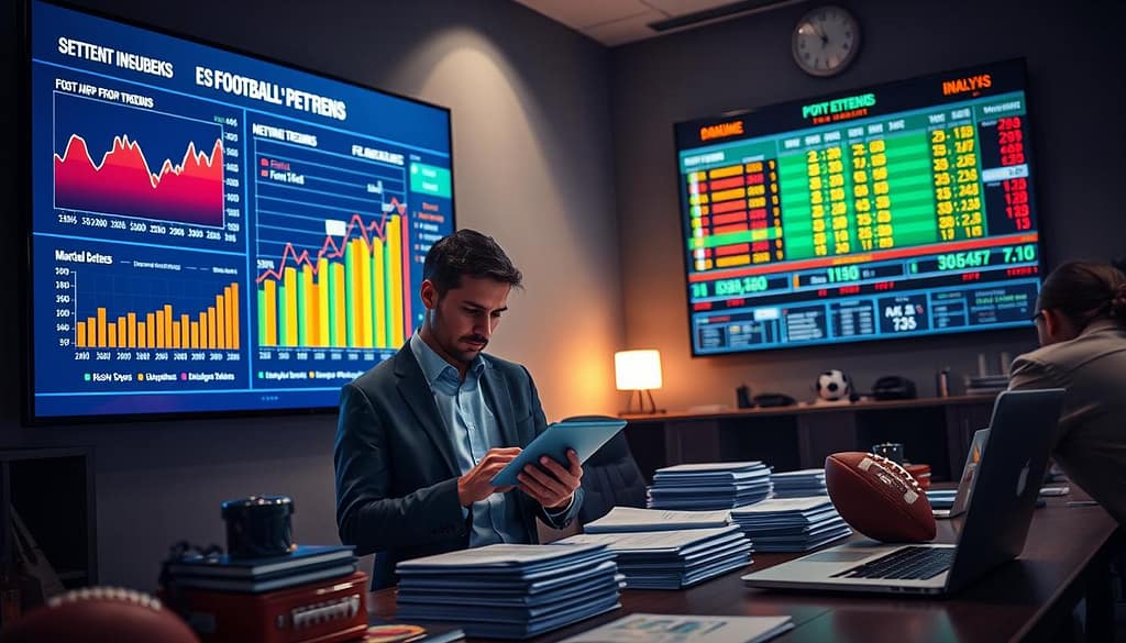 A sleek, modern workspace featuring a large digital screen displaying vibrant graphs and charts analyzing recent football prop bet trends. In the foreground, a thoughtful analyst in professional attire studies data on a tablet, surrounded by sports memorabilia like jerseys and footballs. The middle ground reveals stacks of data reports and a glowing laptop, adding a touch of technology to the scene. In the background, a wall mounted with a scoreboard, showcasing key statistics and dynamic visuals related to football trends. Soft, ambient lighting enhances the focused atmosphere, casting a professional yet inspiring mood, emphasizing a strategic approach to betting insights. The overall composition invites the viewer to engage with data-driven strategies in sports betting. A sleek, modern workspace featuring a large digital screen displaying vibrant graphs and charts analyzing recent football prop bet trends. In the foreground, a thoughtful analyst in professional attire studies data on a tablet, surrounded by sports memorabilia like jerseys and footballs. The middle ground reveals stacks of data reports and a glowing laptop, adding a touch of technology to the scene. In the background, a wall mounted with a scoreboard, showcasing key statistics and dynamic visuals related to football trends. Soft, ambient lighting enhances the focused atmosphere, casting a professional yet inspiring mood, emphasizing a strategic approach to betting insights. The overall composition invites the viewer to engage with data-driven strategies in sports betting.