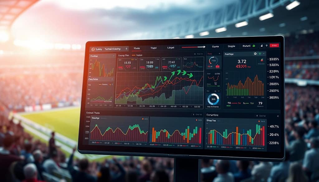 A sophisticated and detailed visualization of a tactical betting model for football, focusing on key metrics and analytical angles. In the foreground, a sleek digital dashboard displays real-time graphs and statistical data, featuring lines, percentages, and player performance metrics. The middle layer reveals a dynamic flow of colorful charts and arrows indicating betting trends and probabilities. The background showcases a blurred football stadium with cheering fans, creating an energetic but professional atmosphere. Use soft, focused lighting to highlight the data on the dashboard while maintaining depth in the background. The overall mood should be strategic and analytical, inviting viewers to engage with the concept of smarter wagering. A sophisticated and detailed visualization of a tactical betting model for football, focusing on key metrics and analytical angles. In the foreground, a sleek digital dashboard displays real-time graphs and statistical data, featuring lines, percentages, and player performance metrics. The middle layer reveals a dynamic flow of colorful charts and arrows indicating betting trends and probabilities. The background showcases a blurred football stadium with cheering fans, creating an energetic but professional atmosphere. Use soft, focused lighting to highlight the data on the dashboard while maintaining depth in the background. The overall mood should be strategic and analytical, inviting viewers to engage with the concept of smarter wagering.
