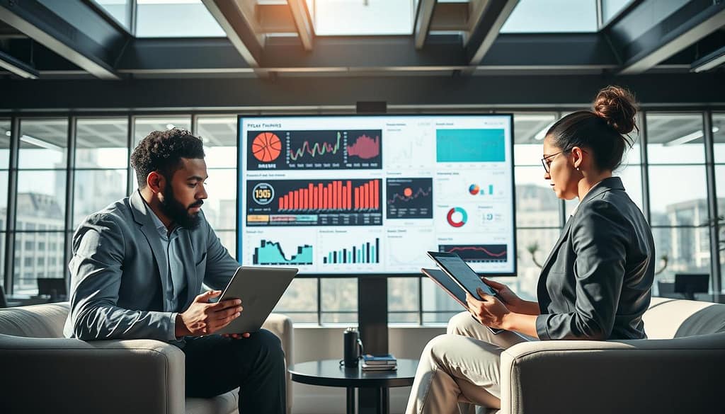 A split scene depicting "cross-sport model validation" in sports betting. In the foreground, a diverse group of three professionals in business attire—two men and one woman—analyze data on laptops and tablets, focused and engaged. The middle ground features a large screen displaying various sports data analytics, including graphs and charts, representing different sports like basketball, football, and tennis. In the background, a modern office environment with large windows allows natural light to flood the space, creating an energetic atmosphere. Soft shadows play across the sleek furniture, enhancing a sense of professionalism. The overall mood is collaborative and intellectually stimulating, emphasizing the importance of data-driven decision-making across different sports. A split scene depicting "cross-sport model validation" in sports betting. In the foreground, a diverse group of three professionals in business attire—two men and one woman—analyze data on laptops and tablets, focused and engaged. The middle ground features a large screen displaying various sports data analytics, including graphs and charts, representing different sports like basketball, football, and tennis. In the background, a modern office environment with large windows allows natural light to flood the space, creating an energetic atmosphere. Soft shadows play across the sleek furniture, enhancing a sense of professionalism. The overall mood is collaborative and intellectually stimulating, emphasizing the importance of data-driven decision-making across different sports.