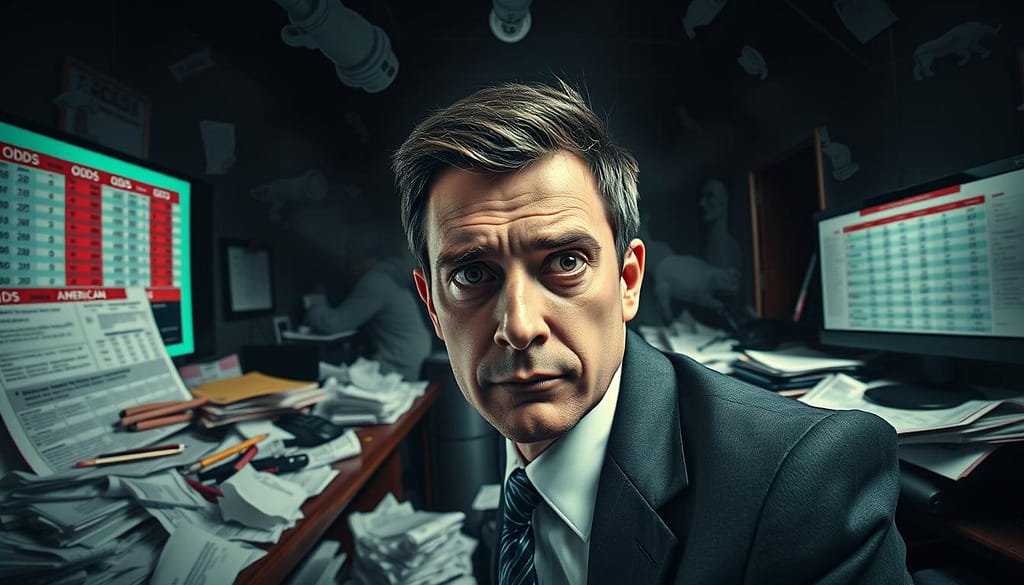 A surreal representation of psychological betting pitfalls, featuring a thoughtful individual in professional business attire sitting at a cluttered desk filled with betting slips and confusing odds displayed on a computer screen. Foreground: the focused face of the bettor, with furrowed brows and a contemplative expression. Middle ground: the chaotic desk scattered with crumpled papers and odds charts in decimal, fractional, and American formats, symbolizing confusion. Background: a shadowy, distorted room representing the psychological traps, with abstract shapes of losing bets looming ominously. Soft, diffused lighting casts gentle highlights on the subject while creating an overall mood of introspection and tension. Wide-angle lens to emphasize depth and scale, showcasing a complex, thought-provoking atmosphere. A surreal representation of psychological betting pitfalls, featuring a thoughtful individual in professional business attire sitting at a cluttered desk filled with betting slips and confusing odds displayed on a computer screen. Foreground: the focused face of the bettor, with furrowed brows and a contemplative expression. Middle ground: the chaotic desk scattered with crumpled papers and odds charts in decimal, fractional, and American formats, symbolizing confusion. Background: a shadowy, distorted room representing the psychological traps, with abstract shapes of losing bets looming ominously. Soft, diffused lighting casts gentle highlights on the subject while creating an overall mood of introspection and tension. Wide-angle lens to emphasize depth and scale, showcasing a complex, thought-provoking atmosphere.