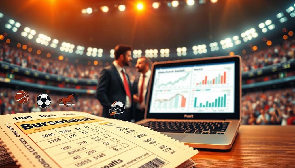 A visually engaging infographic illustrating "sports betting implied probability examples." In the foreground, display a sports betting ticket with various odds and probabilities clearly indicated, alongside icons representing different sports, such as football, basketball, and horse racing. In the middle ground, feature a diverse group of professionals in business attire, discussing and analyzing betting strategies, with a laptop displaying charts and graphs analyzing implied probabilities. The background should show a blurry sports stadium scene, filled with fans and lights, creating an energetic atmosphere. Use warm, inviting lighting to enhance the mood of collaboration and expertise. The image should be dynamic yet informative, emphasizing the educational aspect of implied probability in sports betting. A visually engaging infographic illustrating "sports betting implied probability examples." In the foreground, display a sports betting ticket with various odds and probabilities clearly indicated, alongside icons representing different sports, such as football, basketball, and horse racing. In the middle ground, feature a diverse group of professionals in business attire, discussing and analyzing betting strategies, with a laptop displaying charts and graphs analyzing implied probabilities. The background should show a blurry sports stadium scene, filled with fans and lights, creating an energetic atmosphere. Use warm, inviting lighting to enhance the mood of collaboration and expertise. The image should be dynamic yet informative, emphasizing the educational aspect of implied probability in sports betting.
