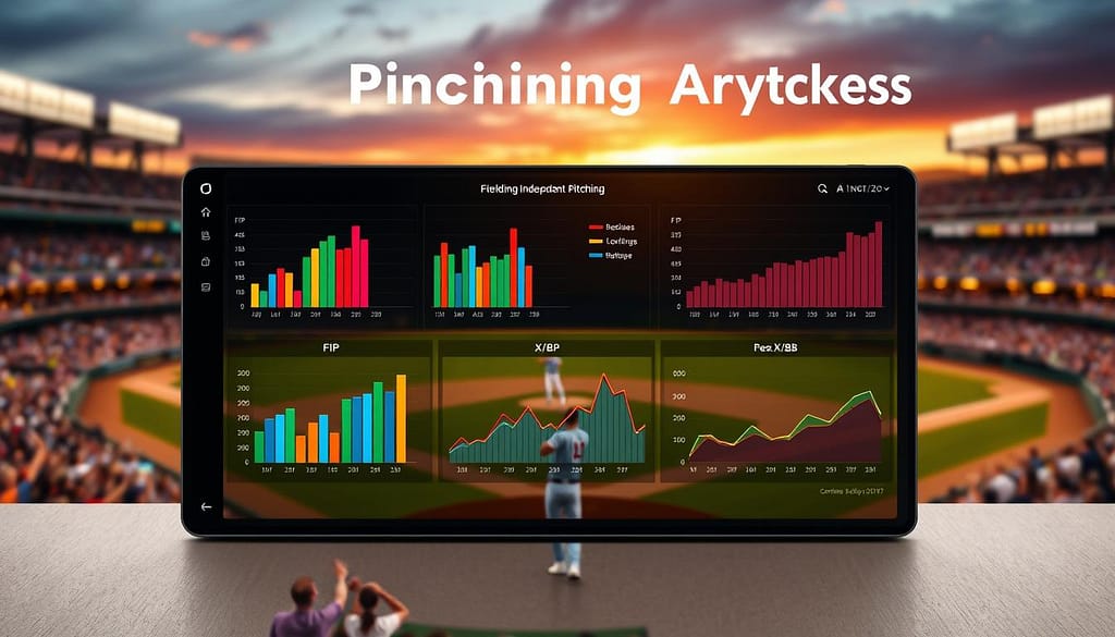 A visually engaging infographic showcasing a comparative analysis of baseball pitching analytics, specifically focusing on FIP (Fielding Independent Pitching). In the foreground, a sleek digital dashboard displays colorful graphs and charts illustrating FIP, xFIP, and K/BB ratios with innovative visualizations like bar graphs and line charts. The middle ground features a blurred stadium filled with cheering fans and a pitcher preparing to throw, embodying the sport's energy. The background includes a dramatic sunset casting warm, golden light over the stadium, enhancing the atmosphere of excitement and competition. The overall mood is analytical and professional, inviting viewers into the world of sabermetrics in baseball. A visually engaging infographic showcasing a comparative analysis of baseball pitching analytics, specifically focusing on FIP (Fielding Independent Pitching). In the foreground, a sleek digital dashboard displays colorful graphs and charts illustrating FIP, xFIP, and K/BB ratios with innovative visualizations like bar graphs and line charts. The middle ground features a blurred stadium filled with cheering fans and a pitcher preparing to throw, embodying the sport's energy. The background includes a dramatic sunset casting warm, golden light over the stadium, enhancing the atmosphere of excitement and competition. The overall mood is analytical and professional, inviting viewers into the world of sabermetrics in baseball.