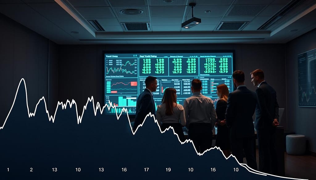 A visually engaging representation of sports betting model validation pitfalls, focusing on overfitting. In the foreground, an abstract depiction of a line graph with fluctuating data points, showcasing overfitting patterns with jagged spikes. The middle layer features a diverse group of professionals in business attire engaged in a discussion, reviewing charts and laptops, illustrating collaboration in model validation. The background presents a dimly lit conference room with a large screen displaying conflicting data sets, symbolizing the confusion caused by overfitting. Soft overhead lighting highlights the professionals, while shadows emphasize the tension in the room. The overall mood should convey urgency and concentration, emphasizing the seriousness of avoiding pitfalls in sports betting predictions. The image should have a professional and analytical atmosphere without any text or additional elements. A visually engaging representation of sports betting model validation pitfalls, focusing on overfitting. In the foreground, an abstract depiction of a line graph with fluctuating data points, showcasing overfitting patterns with jagged spikes. The middle layer features a diverse group of professionals in business attire engaged in a discussion, reviewing charts and laptops, illustrating collaboration in model validation. The background presents a dimly lit conference room with a large screen displaying conflicting data sets, symbolizing the confusion caused by overfitting. Soft overhead lighting highlights the professionals, while shadows emphasize the tension in the room. The overall mood should convey urgency and concentration, emphasizing the seriousness of avoiding pitfalls in sports betting predictions. The image should have a professional and analytical atmosphere without any text or additional elements.