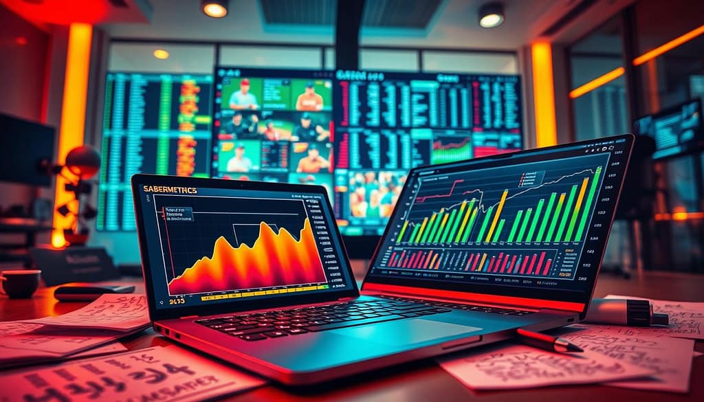 A visually striking scene depicting an advanced baseball betting system analytics setup. In the foreground, a sleek laptop displays dynamic graphs and stats related to sabermetrics, with vibrant colors highlighting key performance indicators. Surrounding the laptop, professional notes are strewn about, showing handwritten calculations and strategic notes. In the middle, a large digital screen presents a collage of player stats and game predictions, with data streaming across the screen in real-time. The background features a modern office environment infused with warm, soft lighting that creates an analytical yet intense atmosphere. The lens perspective is slightly above eye-level, capturing the details of the analytics while showcasing the modern workspace. The overall mood is focused and innovative, embodying the sophistication of sports analytics in baseball betting. A visually striking scene depicting an advanced baseball betting system analytics setup. In the foreground, a sleek laptop displays dynamic graphs and stats related to sabermetrics, with vibrant colors highlighting key performance indicators. Surrounding the laptop, professional notes are strewn about, showing handwritten calculations and strategic notes. In the middle, a large digital screen presents a collage of player stats and game predictions, with data streaming across the screen in real-time. The background features a modern office environment infused with warm, soft lighting that creates an analytical yet intense atmosphere. The lens perspective is slightly above eye-level, capturing the details of the analytics while showcasing the modern workspace. The overall mood is focused and innovative, embodying the sophistication of sports analytics in baseball betting.