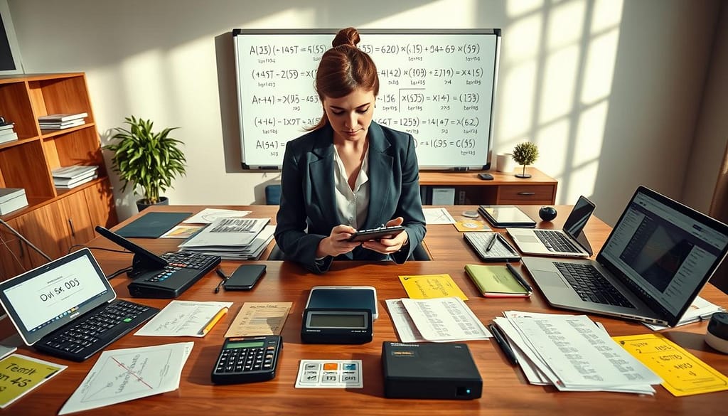 A well-organized workspace featuring a large wooden desk, covered with advanced betting calculators, colorful sheets with decimal odds examples, and a laptop displaying a betting odds website. In the foreground, a professional female analyst in smart business attire is focused on calculating with a calculator, her expression thoughtful and engaged. The middle of the scene should highlight a prominent whiteboard filled with formulas related to decimal odds calculations, clearly illustrating the method and usage. The background features soft, natural lighting coming from a large window, casting gentle shadows that create a calm, focused atmosphere conducive to learning and analysis. The overall mood is professional, educational, and inspiring, emphasizing the mastery of betting odds. A well-organized workspace featuring a large wooden desk, covered with advanced betting calculators, colorful sheets with decimal odds examples, and a laptop displaying a betting odds website. In the foreground, a professional female analyst in smart business attire is focused on calculating with a calculator, her expression thoughtful and engaged. The middle of the scene should highlight a prominent whiteboard filled with formulas related to decimal odds calculations, clearly illustrating the method and usage. The background features soft, natural lighting coming from a large window, casting gentle shadows that create a calm, focused atmosphere conducive to learning and analysis. The overall mood is professional, educational, and inspiring, emphasizing the mastery of betting odds.